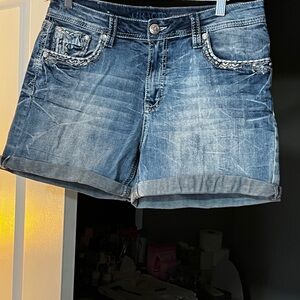 Grace in LA Distressed Blue Denim Roll-Cuff Shorts